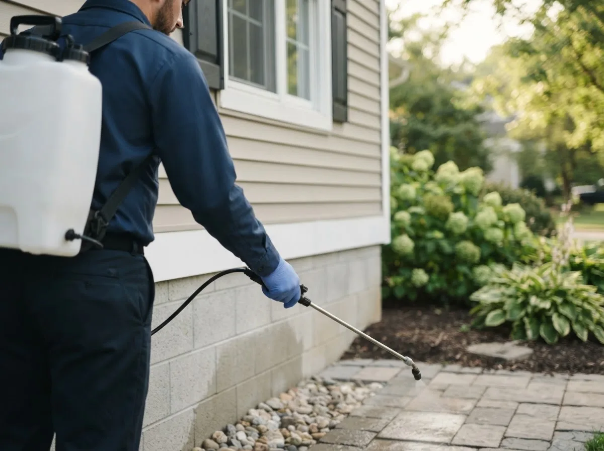 Pest control technician inspecting a home in Kunkle, OH